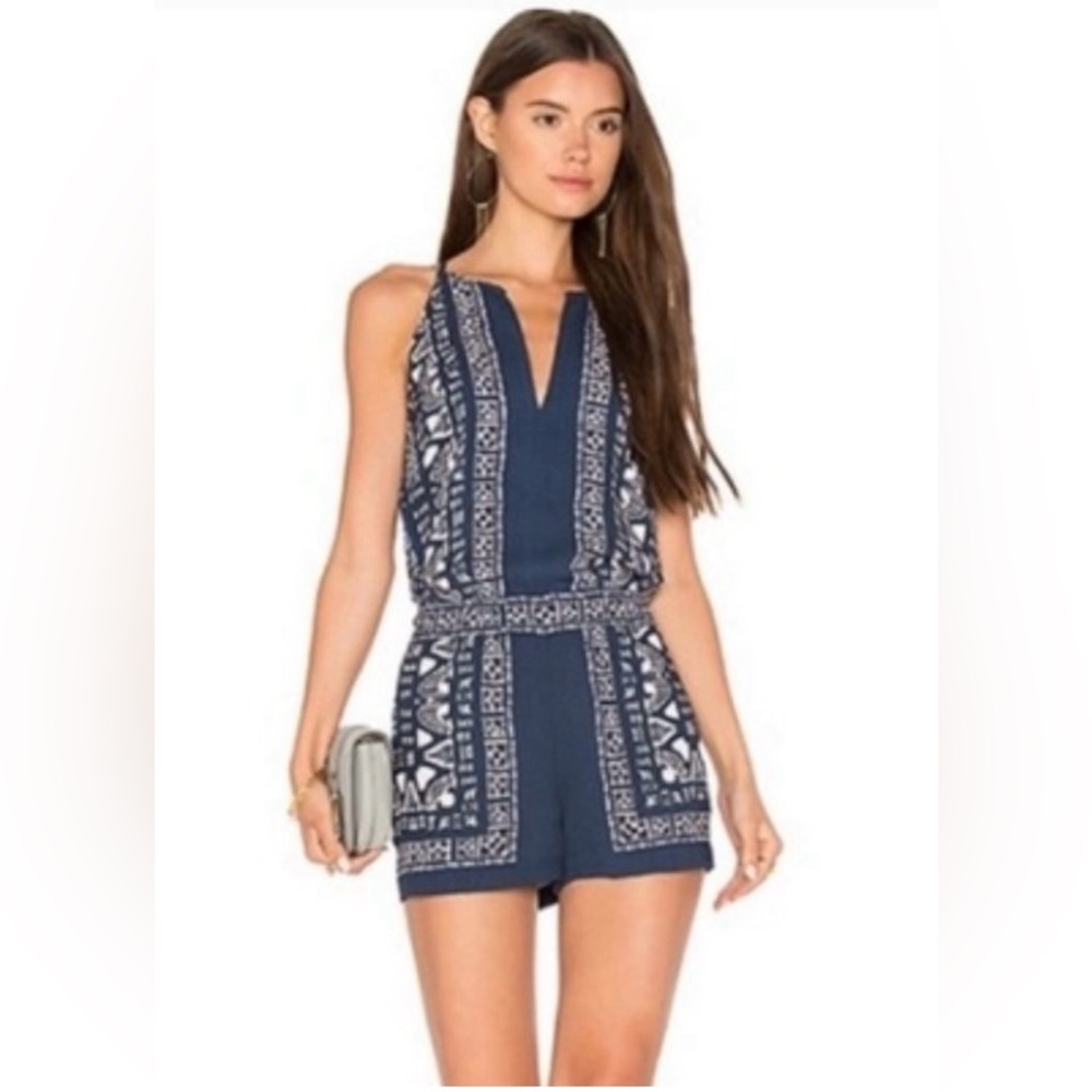 NEW BCBGMAXAZRIA STORMY BLUE COMBO TYRA SCARF PRINT ROMPER - Size Xsmall